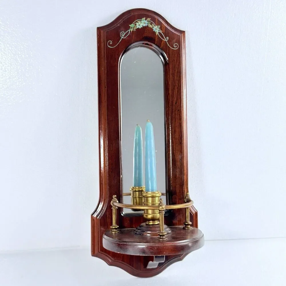 Vintage Cornwall Industries Wood Mirrored Wall Candle Sconce Brass Holder Floral